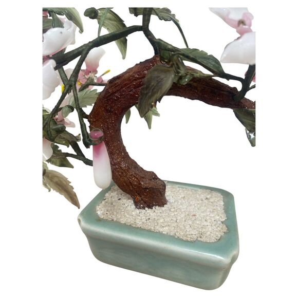 Vintage Jade Gemstone Bonsai Tree Pink White Flowers Glass Leaves 9" Pot - Picture 7 of 11